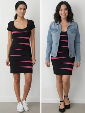 Pink Rose Sweater Knit Bodycon Black Barbie Pink Stripes Retro Party Mini Dress